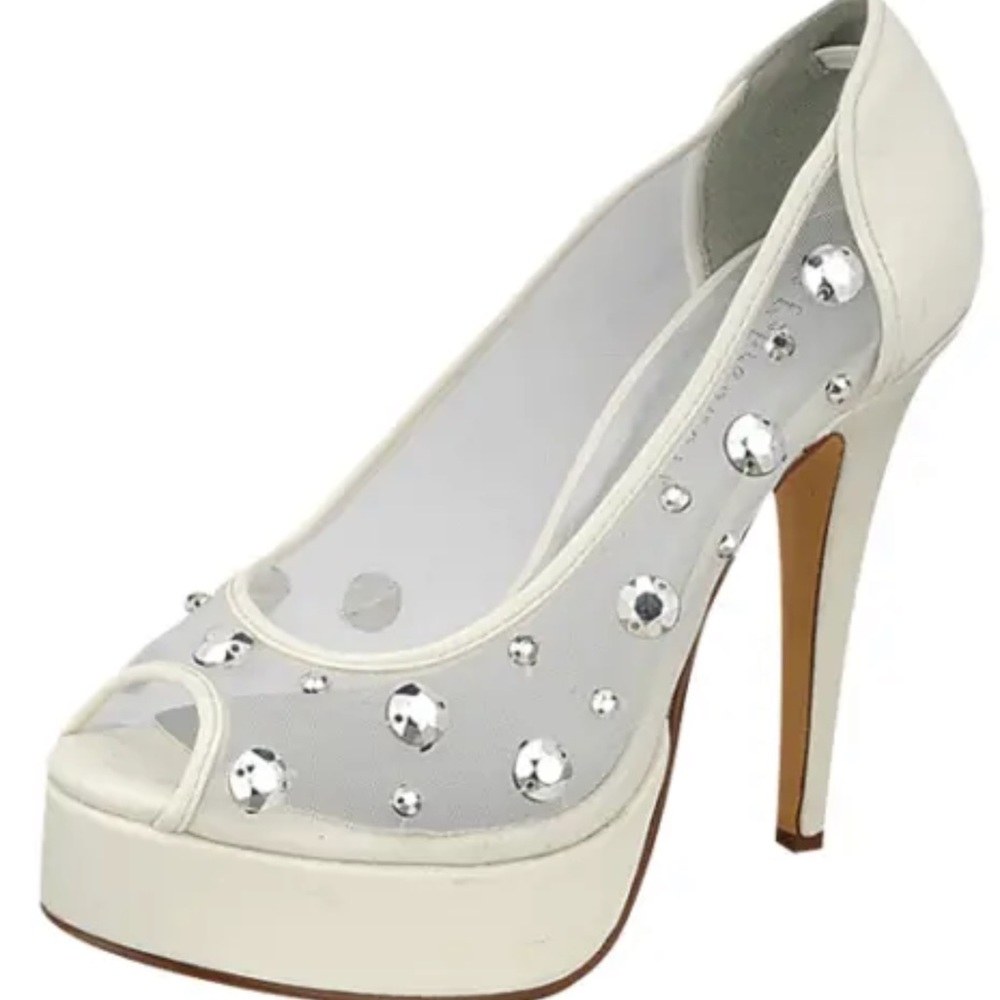 Womens Shoes bridal Glam Platforms rhinestone studed mesh party Ivories 7 8.5 9